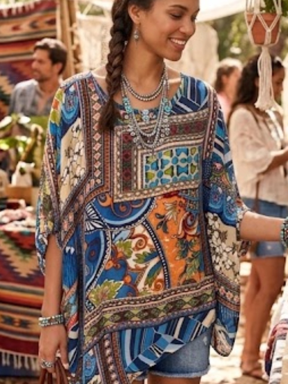 Chico's Multicolor Boho Patchwork Tunic in Blue & Orange ptp 25 oversized